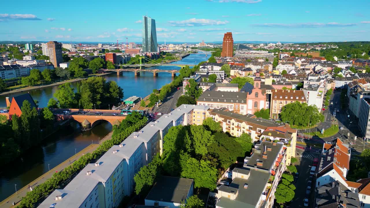 Aerial View of Frankfurt Cityscape with Main River and European Central Bank