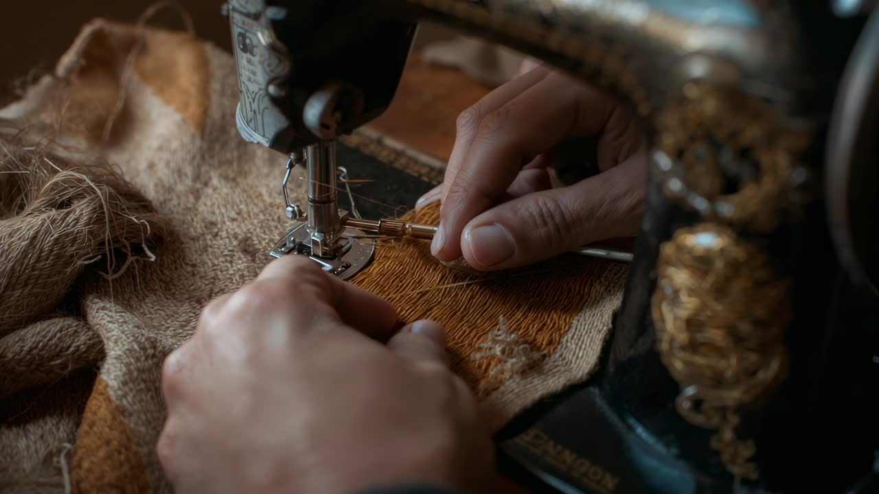 Lowering presser foot, hands guiding needle and mending orange patch on bench beside sewing machine
