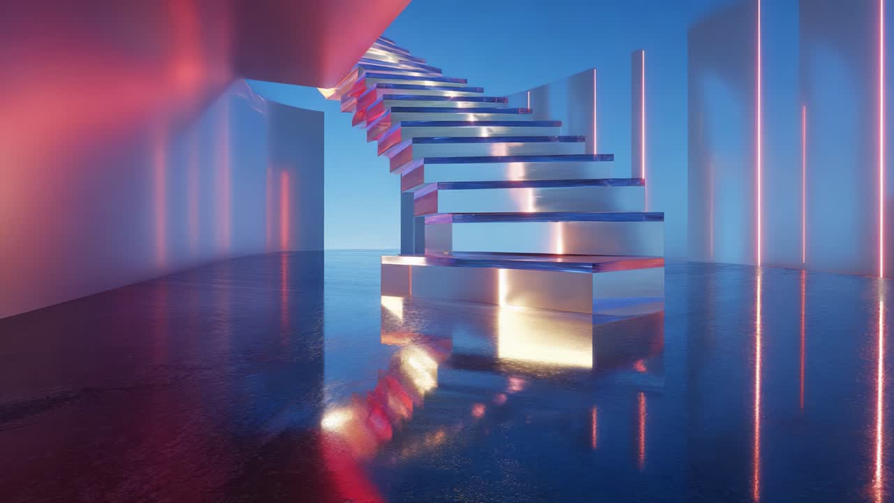 A Futuristic Spiral Staircase Surrounded by Reflective Surfaces and Illuminated by Vibrant Lighting, Creating an Ethereal Atmosphere in an Abstract Space