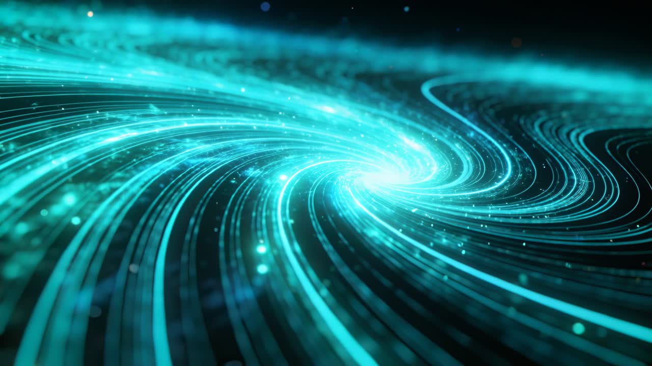 Core brightening driving spiraling teal vortex drawing trails inward in dark void, sparks streaming
