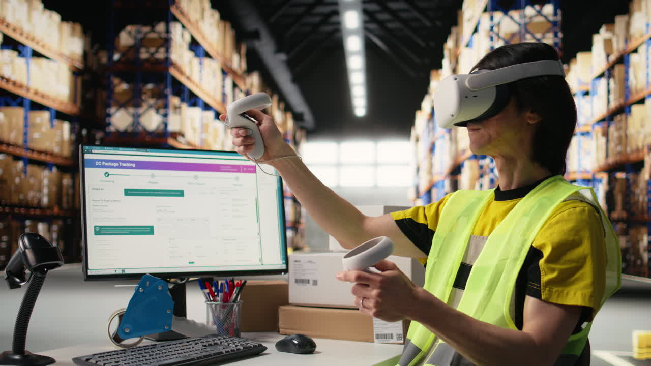 Vertical Video Staff wearing a VR headset for 3D simulation powered by artificial intelligence