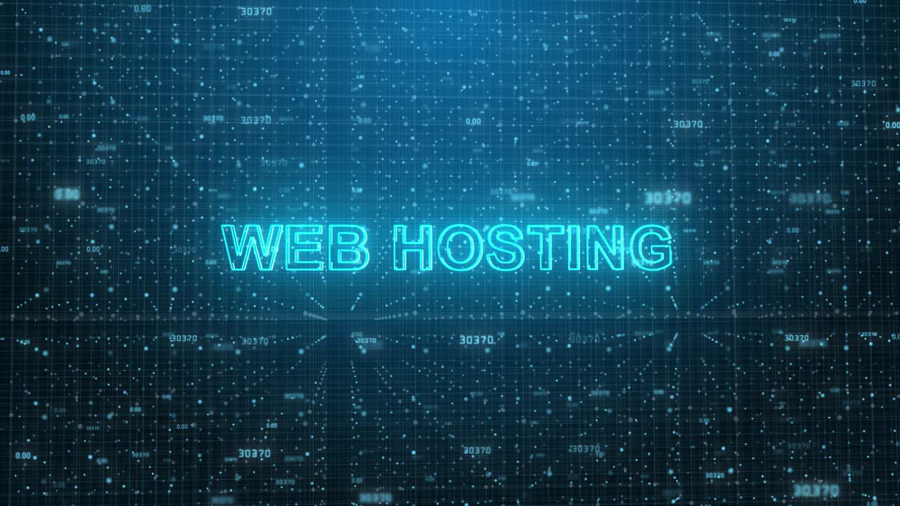 Webhosting-Text auf abstraktem digitalem Technologiehintergrund