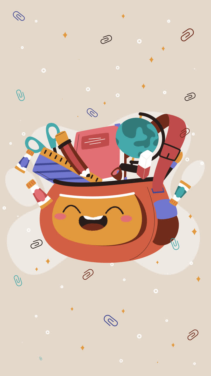 gráfico de movimiento de la ilustración plana de regreso a la escuela con suministros escolares