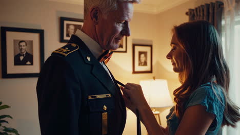 woman helps man adjust his military uniform