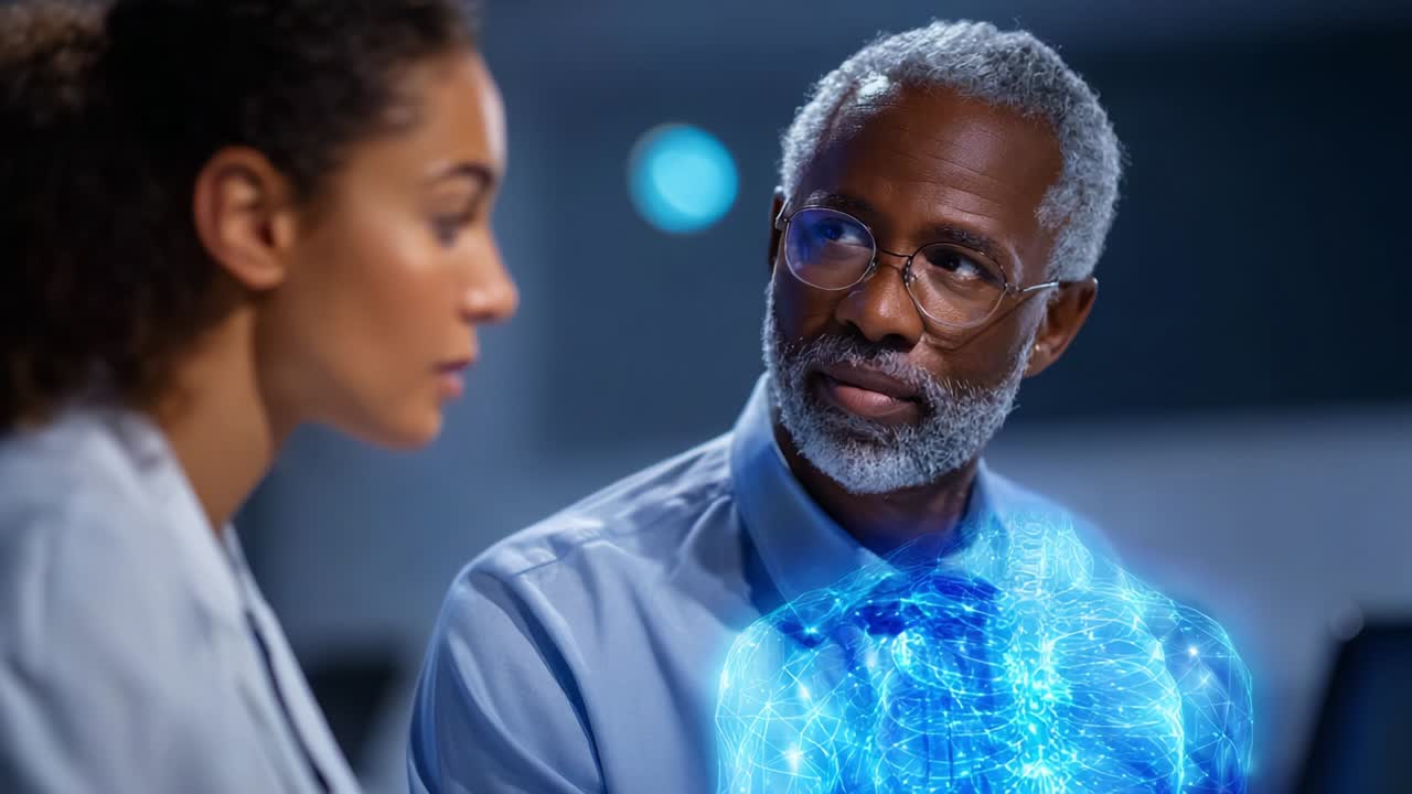 A Thought-Provoking Interaction: An Engaging Dialogue Between Two Individuals as Transcendent Digital Connections Emerge, Showcasing the Intersection of Humanity and Technology Through Enlightening Visuals