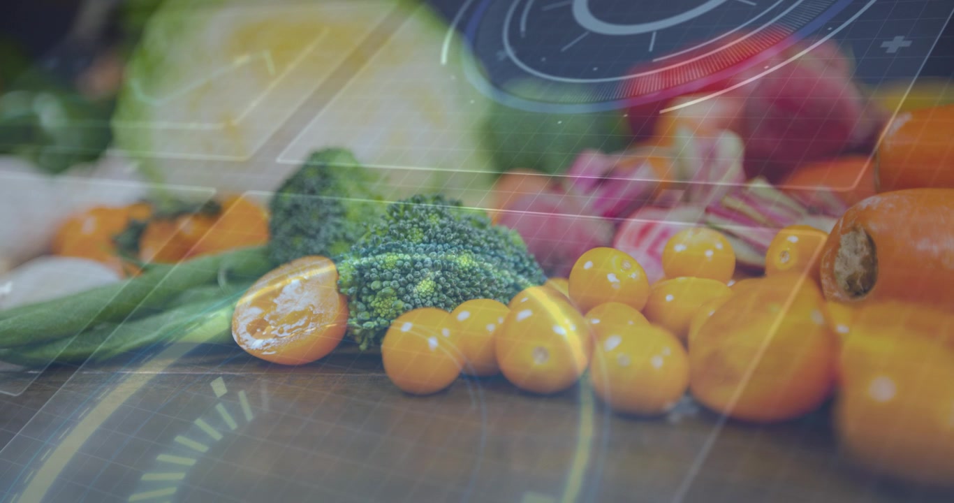 Un quadrante HUD che appare, scorrendo su broccoli e pomodorini, spostando la messa a fuoco e mostrando la consistenza.