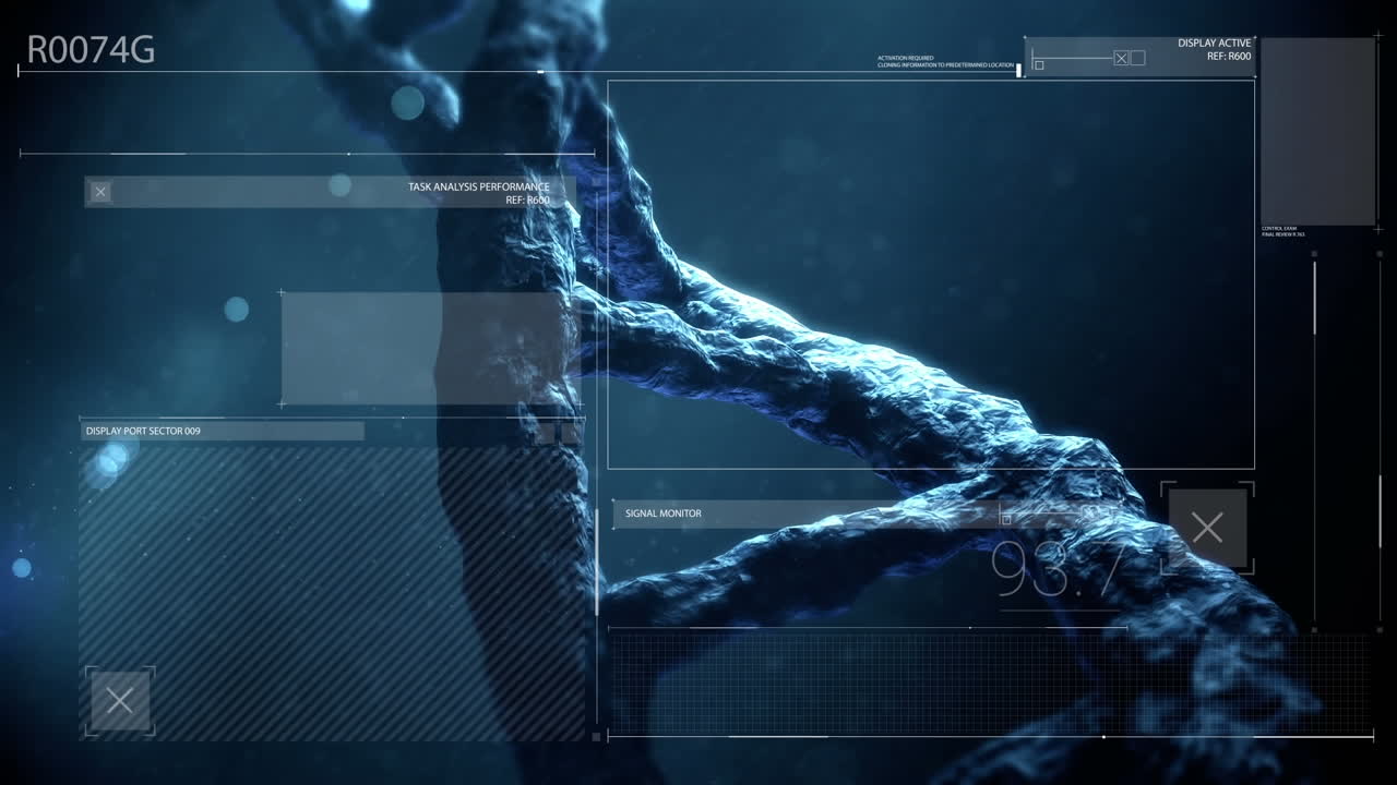 animación de adn girando sobre una pantalla digital con diversos datos.
