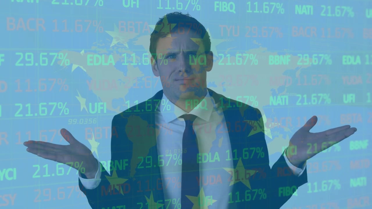 Animation of data processing over smiling business people