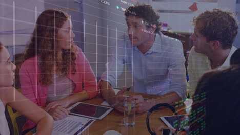 animación del procesamiento de datos del mercado de valores contra un equipo de diversos colegas discutiendo en la oficina