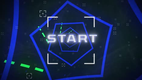 animation of start text over blue pentagons and green stripes in background