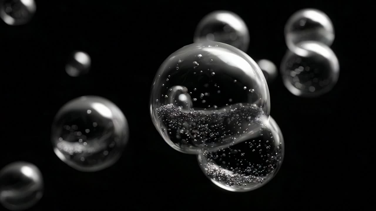 Captivating Bubbles in Motion: A Stunning Sequence Showcasing the Elegant Dance of Soap Bubbles Against a Mysterious Black Background, Delightfully Floating and Merging Together