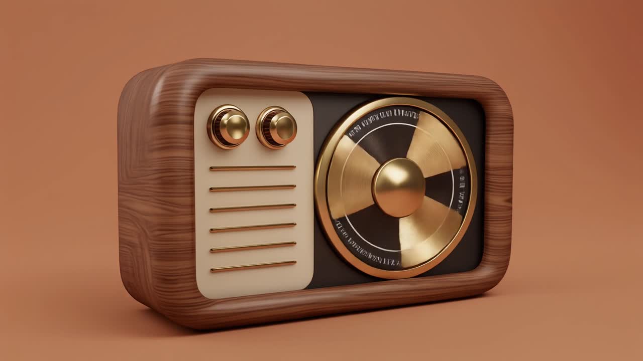 Klasické dřevěné rádio se zlatými detaily a rotujícím reproduktorem