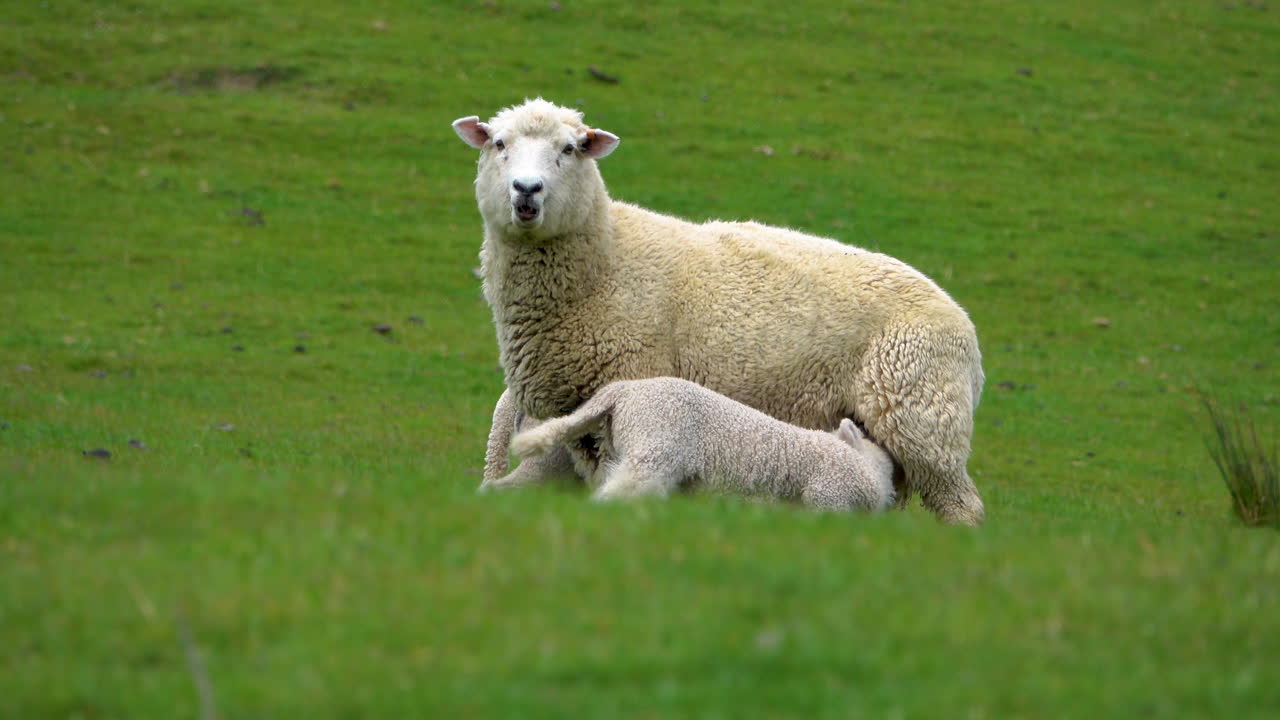 familia de ovejas con un bebé descansando en un campo de hierba verde durante el bebé bebiendo de la ubre, de cerca