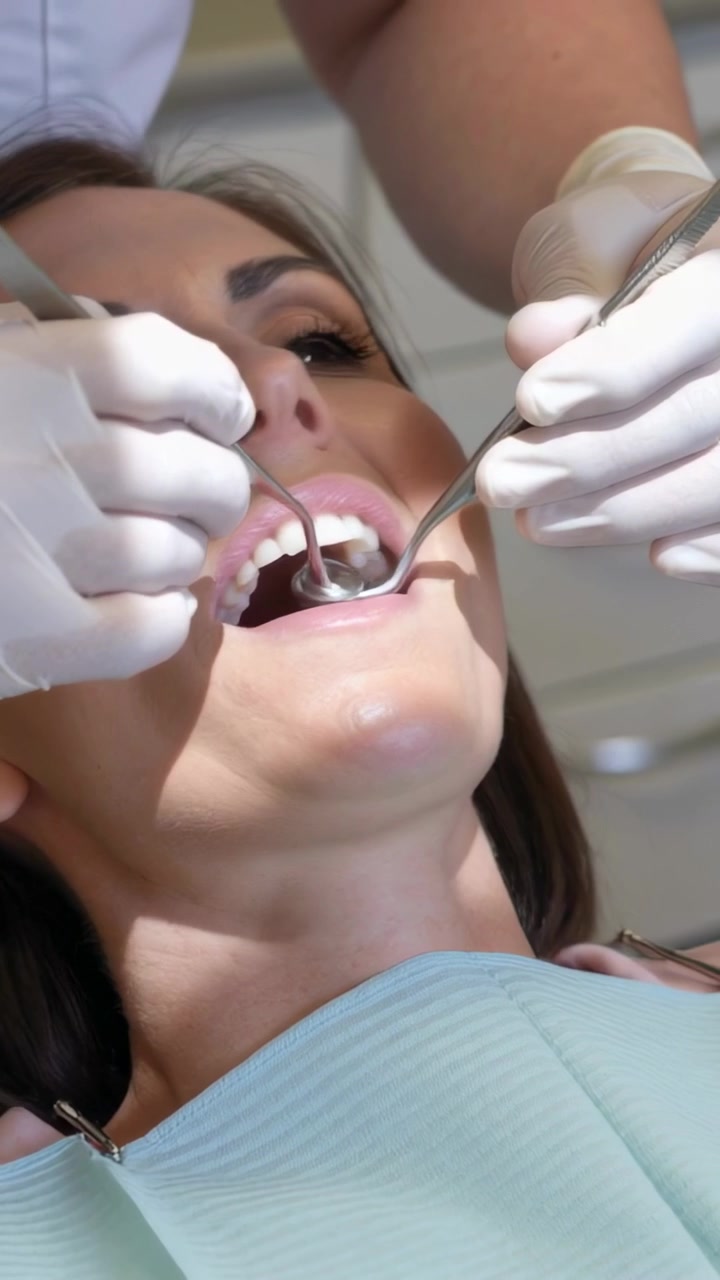 Video verticale: Donna sdraiata a mascella aperta in clinica, dentista che esamina con specchietto e sonda, bavaglino