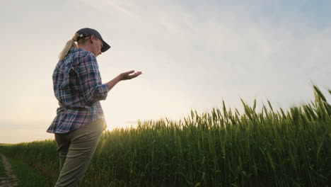 Mujer-Campesina-Hablando-Por-Teléfono-De-Pie-En-Un-Lugar-Pintoresco-Cerca-De-Un-Campo-De-Trigo