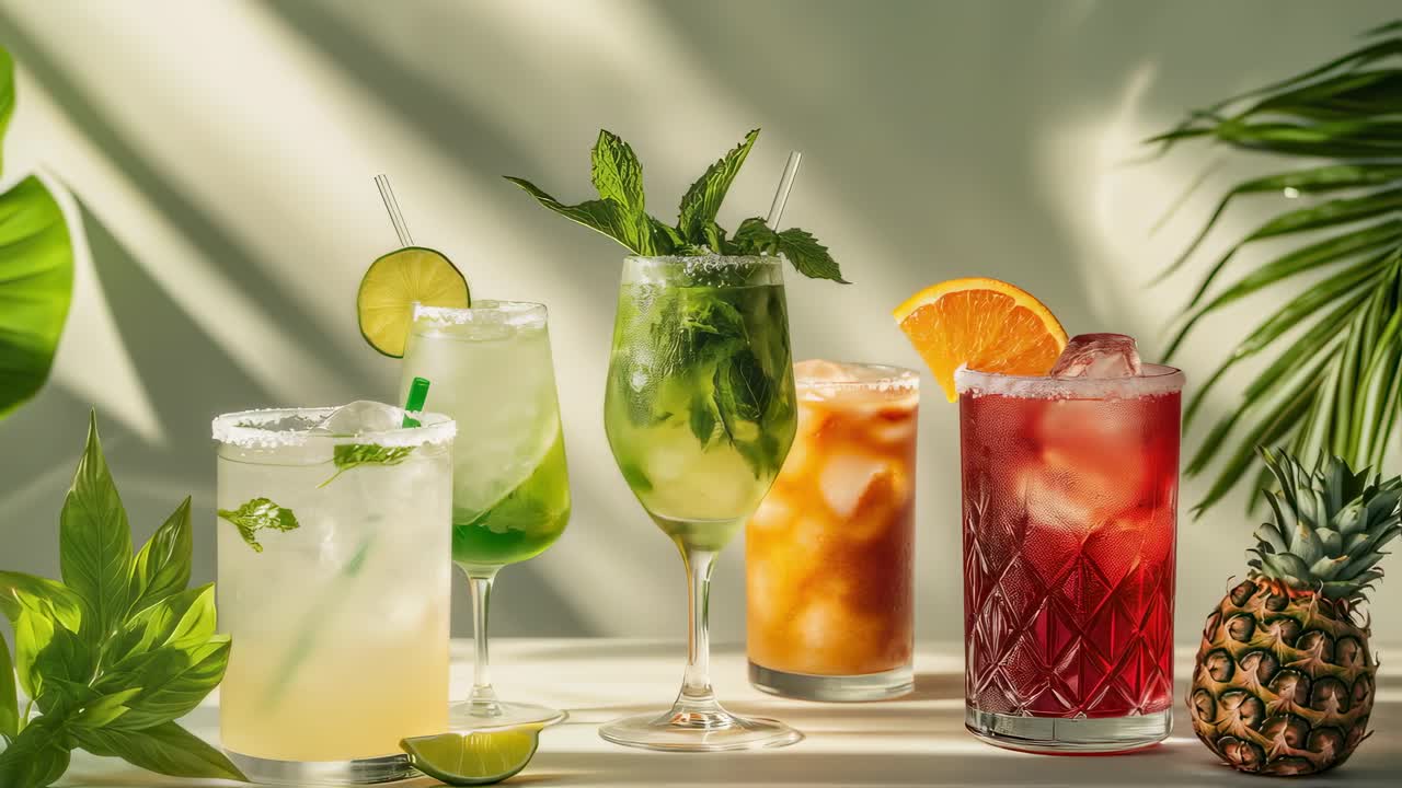 Refreshing summer cocktails garnished with mint, lime, pineapple, and orange, stand on a white surface with tropical leaves and sunlight creating shadows