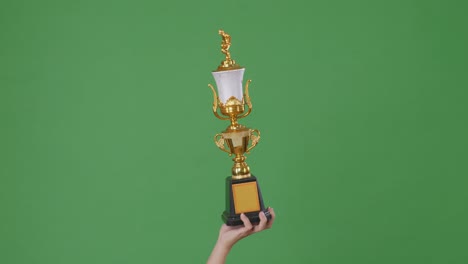 mano sosteniendo un trofeo de oro contra una pantalla verde