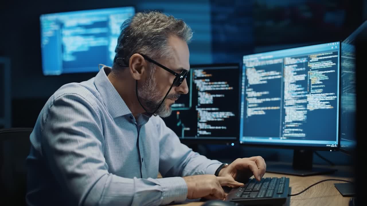 Focused Programmer Working Late at Night, Typing Code on Multiple Computer Screens in a Dimly Lit Office, Showcasing Concentration and Technical Skills