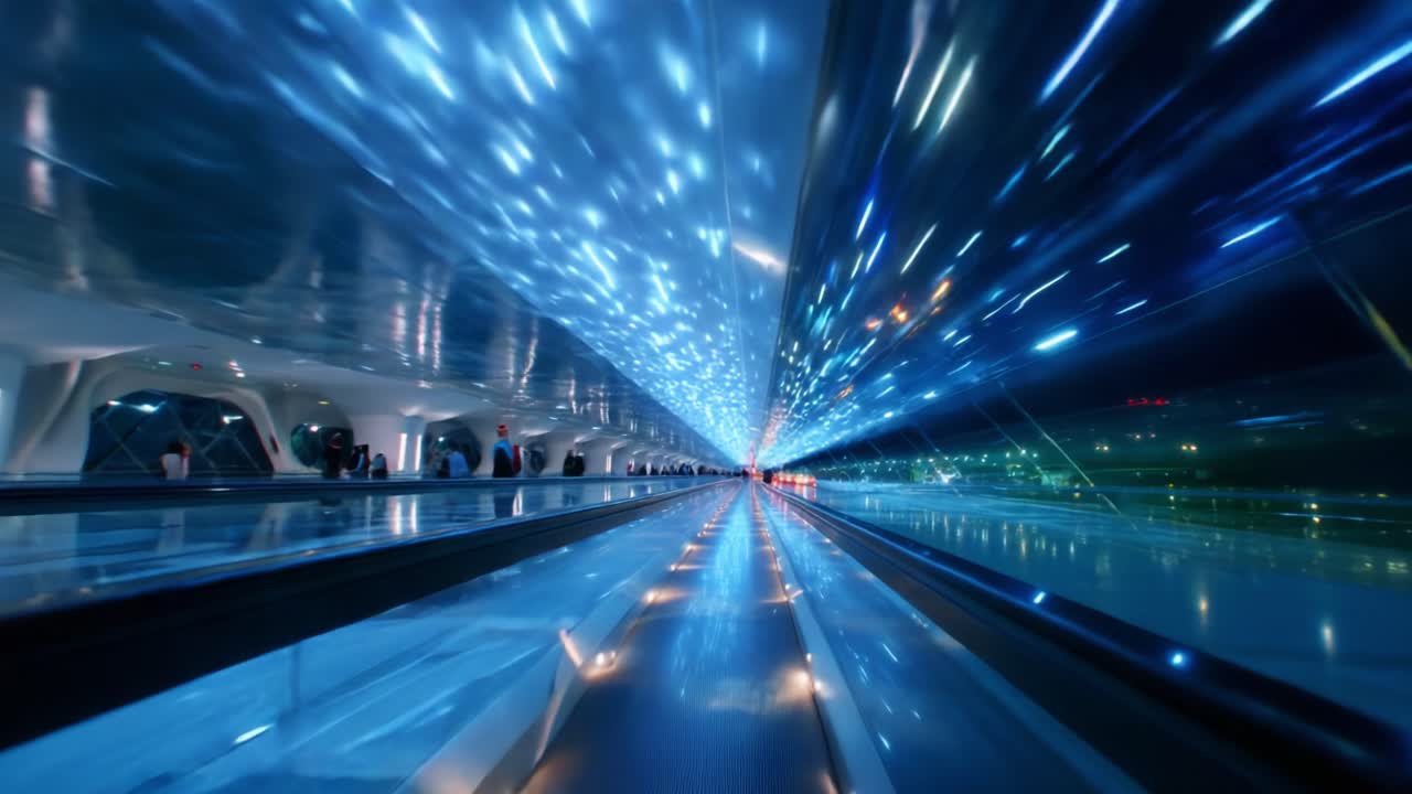 A Captivating Journey Through a Futuristic Airport Terminal Bathed in Ethereal Blue Lights, Capturing the Essence of Modern Architecture and Innovative Design That Transports Travelers into a Dynamic Space