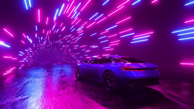 A sports car rushes through a neon tunnel. Infinitely looped animation.