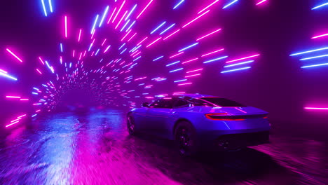 un coche deportivo se apresura a través de un túnel de neón. animación en bucle infinito.