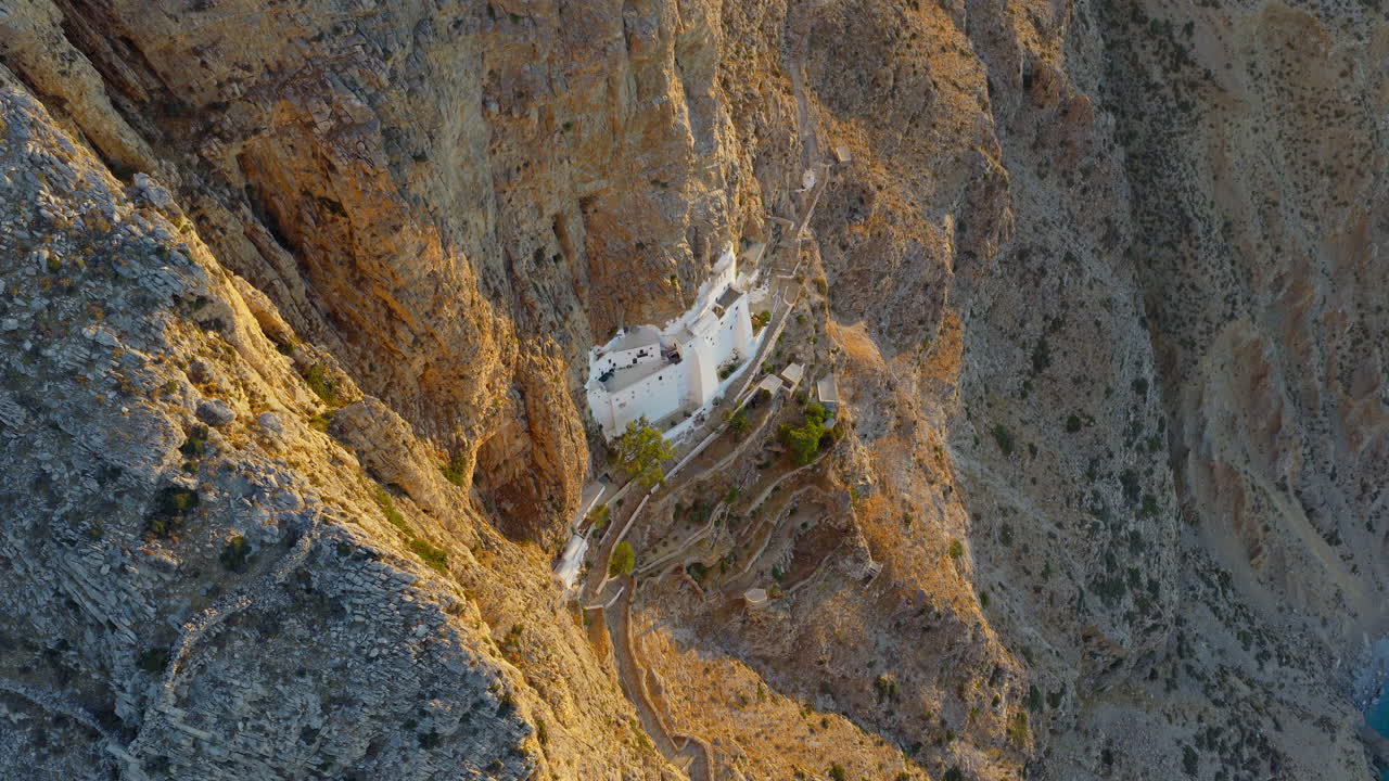 Panagia Chozoviotissa Monastery on Amorgos Island Nestled in Dramatic Cliffside, Greece, Cultural and Spiritual Tourism, Aerial view
