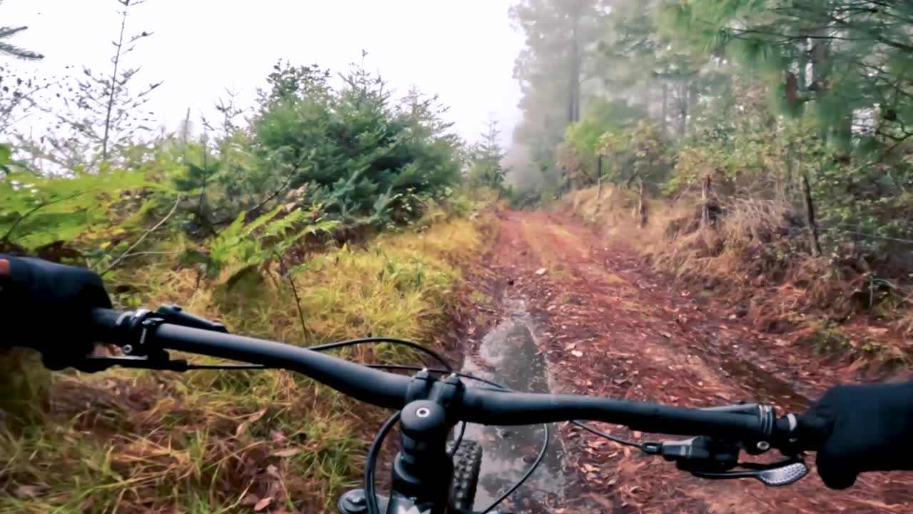 dos ciclistas andan en bicicleta por una carretera dentro de un bosque, una colina y un pueblo en guatemala, américa del norte