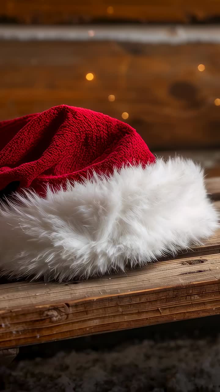 Vertical video: Sliding camera revealing red Santa hat on plank in cabin, showing fur, warm lights