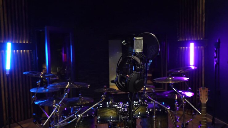 Studio di registrazione musicale professionale con batteria e apparecchiature audio