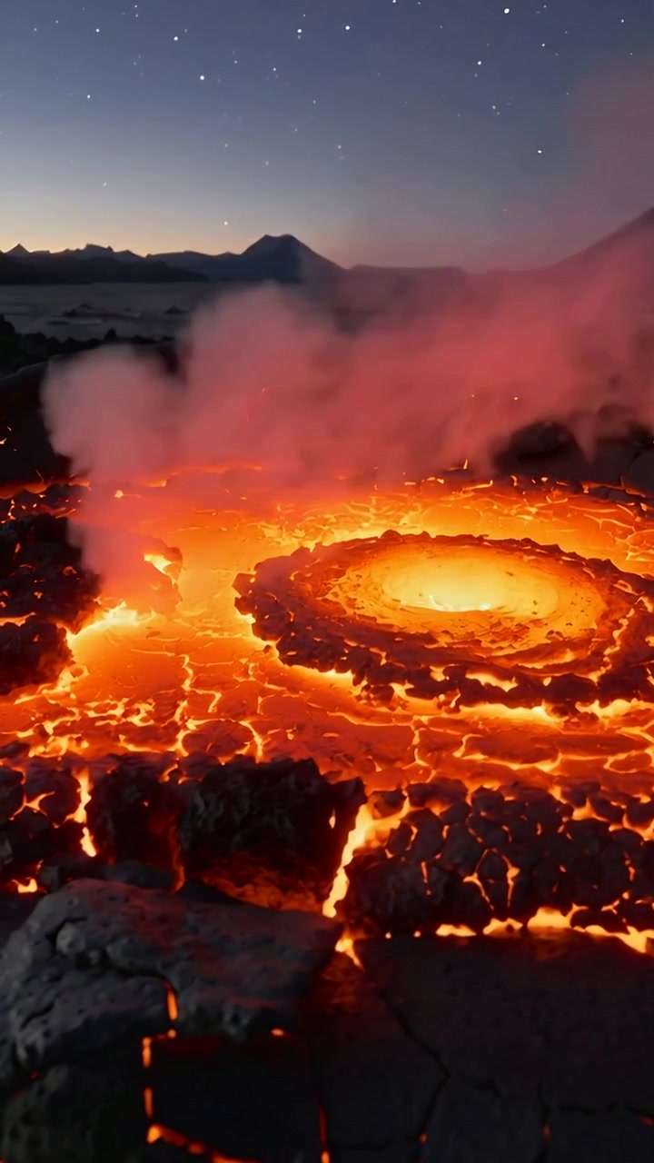 Vertical video: Pulsing lava pool filling cracked crust and forcing steam plume