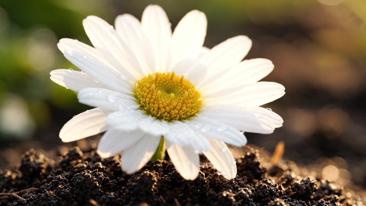Et vakkert nærbilde av en hvit tusenfrydblomst med duggdråper som glitrer i sollyset mot en rik brun jordbakgrunn.