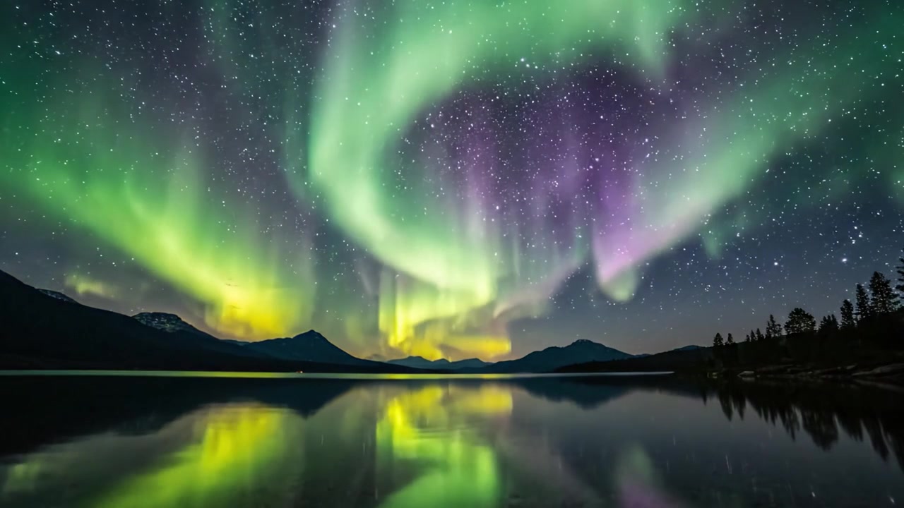 Splendide Aurore Boreali Illuminano il Cielo Notturno Sopra un Lago Riflettente Circondato da Maestose Montagne, Creando uno Spettacolo Naturale Mozzafiato
