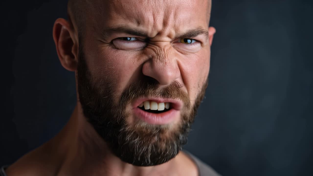 Intense Expression: A Close-Up of a Man's Face Exhibiting Anger and Frustration, Capturing Raw Emotion and Power through Facial Features and Eye Contact