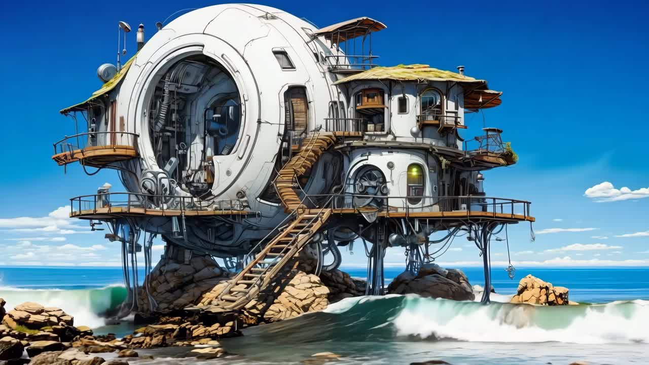 바다의 바위 섬에 있는 미래의 집