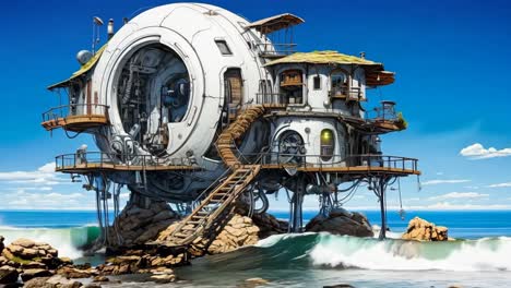 una casa futurista en una isla rocosa en el océano