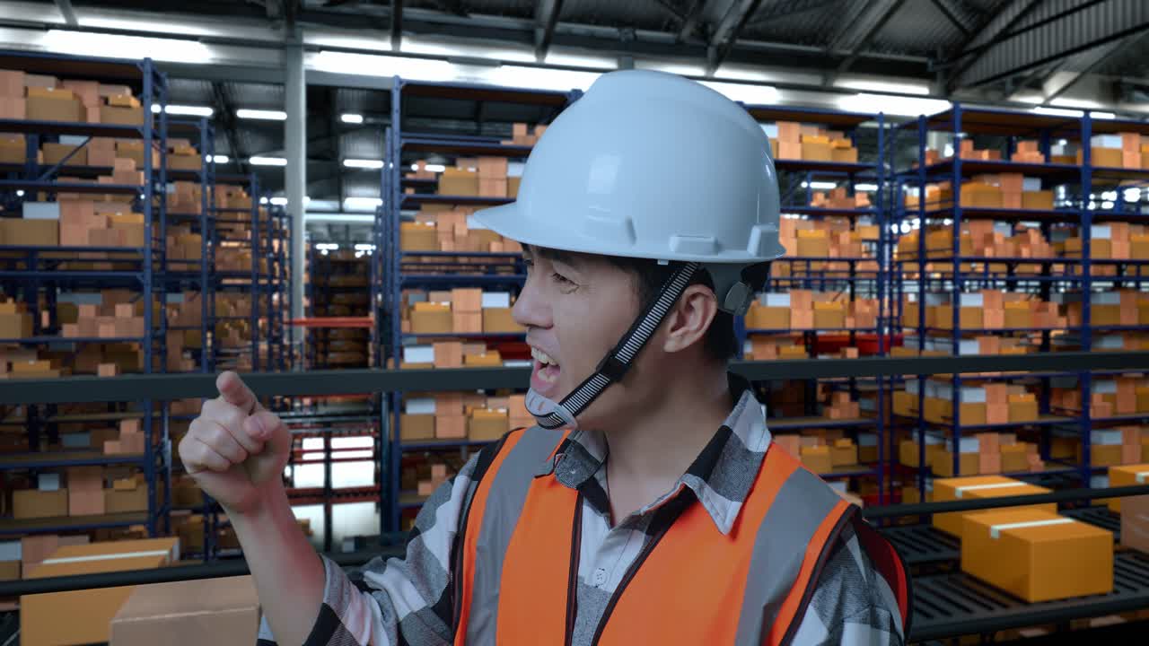 안전 헬을 입은 아시아 남성 엔지니어가 배달 물품으로 가득 찬 선반과 함께 창고에 서있으며 화를 내며 당신을 가리키고 창고에서 소리를 지르고 있습니다.