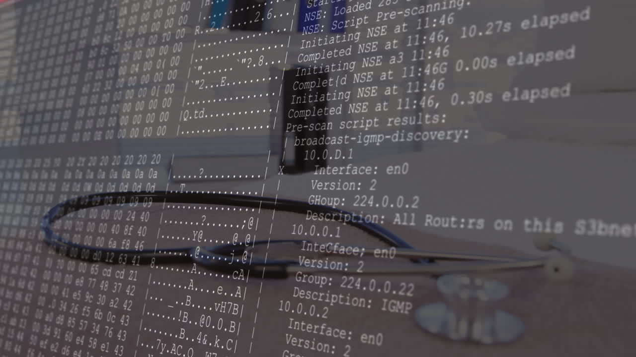 Computer screen displaying live network scan and hex dump in grayscale flat design, with eyeglasses