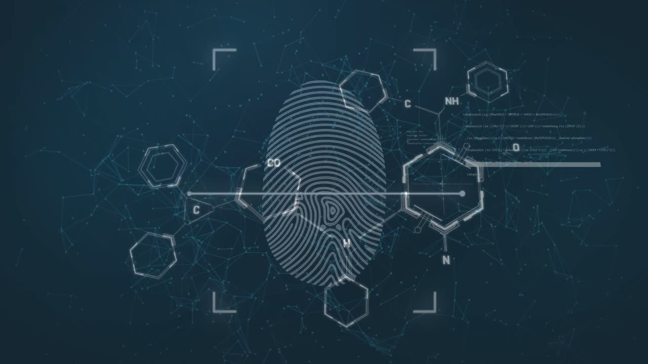 animación de estructuras químicas, huellas dactilares biométricas, procesamiento de datos sobre un fondo azul