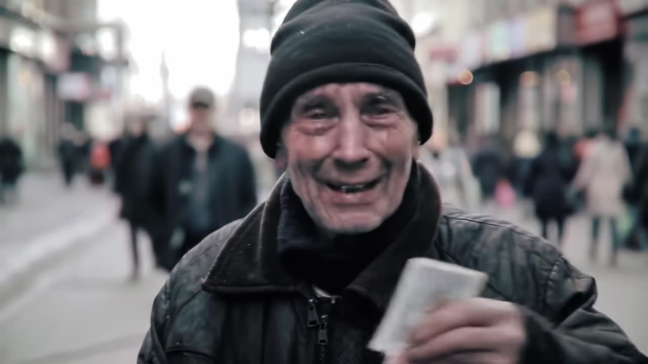 An elderly man shares a joyful moment while smiling and conversing with people on a busy city street filled with pedestrians on a chilly day.