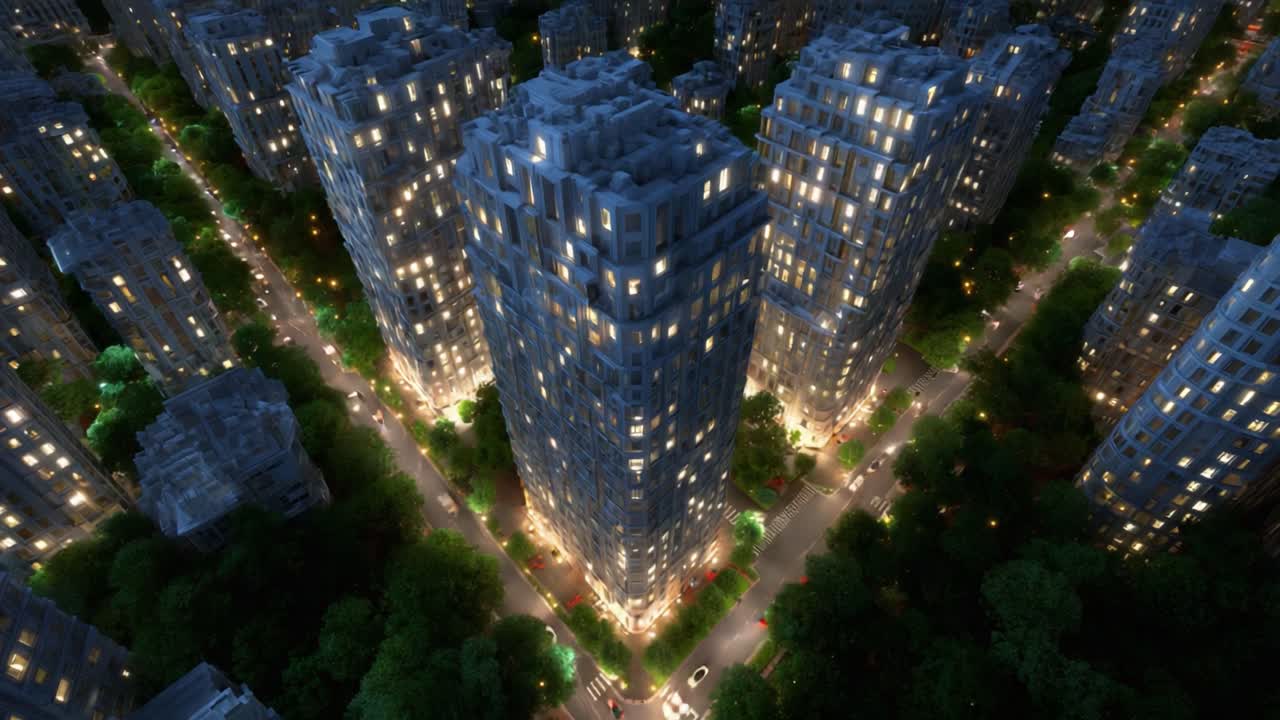 Aerial View of Urban Cityscape at Nightshowing Modern High-Rise Buildings Illuminated with Warm Lighting Surrounded by Lush Greenery and Busy Streets