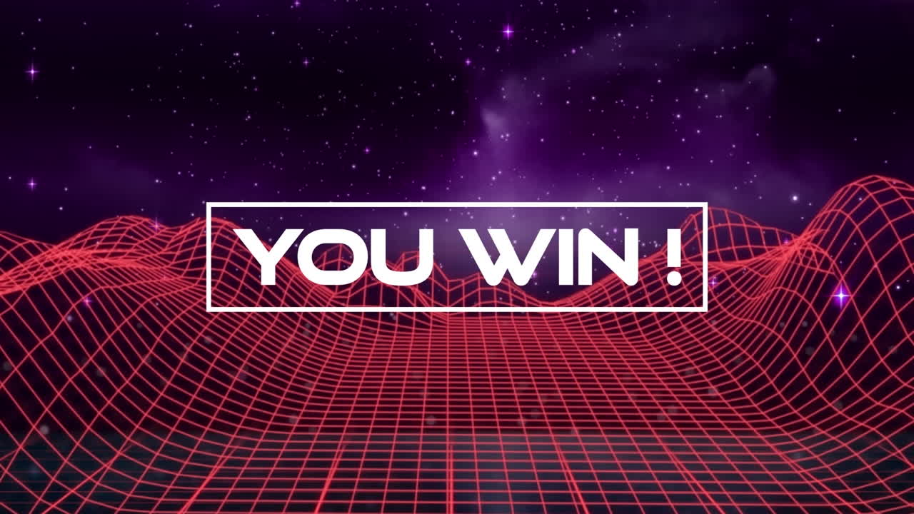 animación del efecto glitch sobre usted gana banner de texto contra las estructuras metaverso en el espacio.