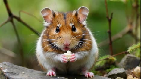 extremely cute hamster with puffy cheeks eating a snack outdoors.