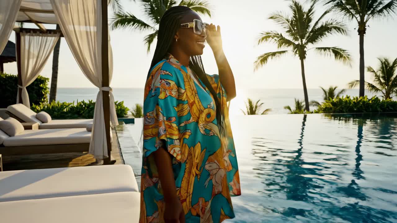 Woman relaxing by the swimming pool at a tropical resort