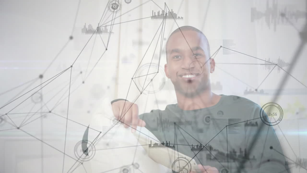 animación de una red de conexiones sobre un hombre biracial usando una tableta