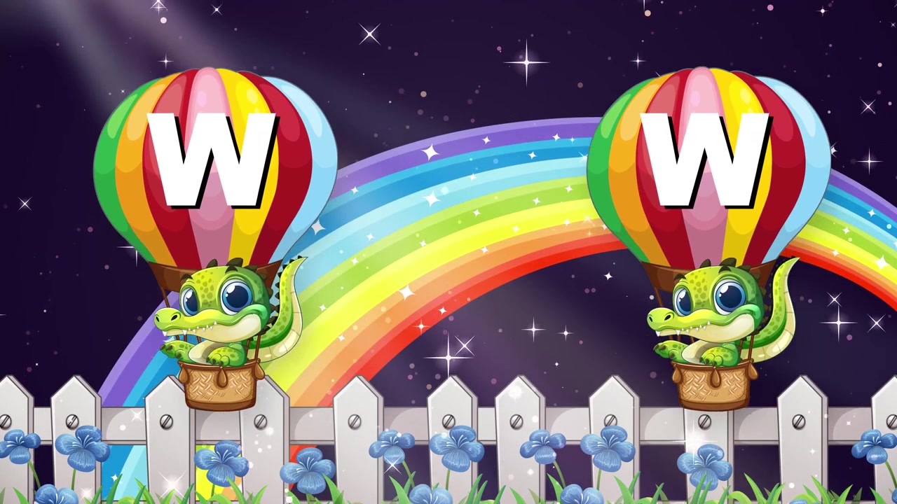 Animated green crocodile floats in colorful hot air balloons against starry night sky with rainbow.
