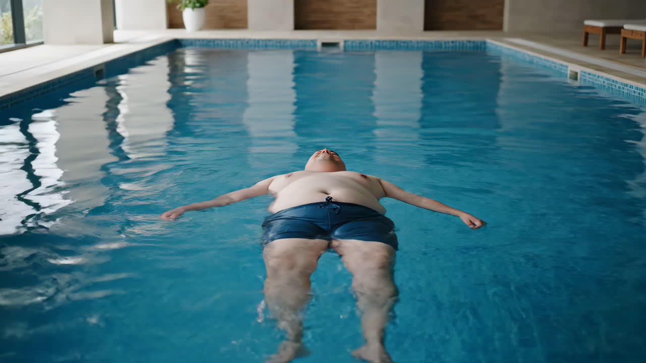 Uomo in sovrappeso che galleggia e si rilassa in una piscina coperta