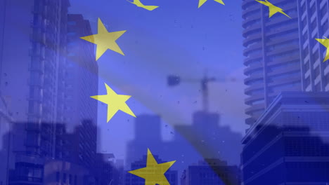 composite video of european union flag waving against tall buildings