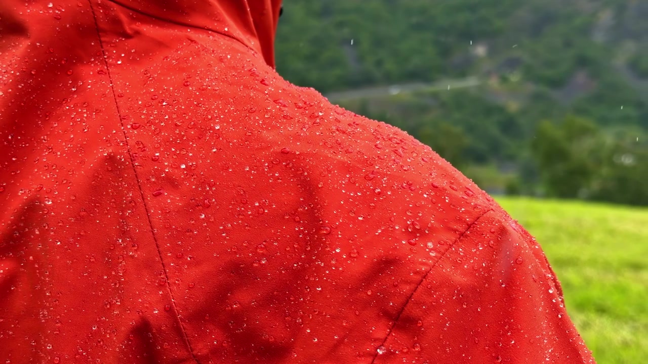 Vue de dos, personne en veste rouge, côte norvégienne pluvieuse avec paysage verdoyant