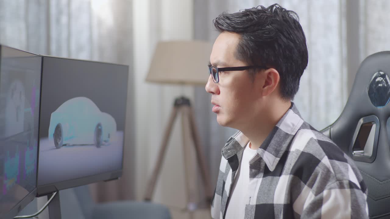 3d 자동차 디자이너가 프로젝트를 진행하고 있습니다.