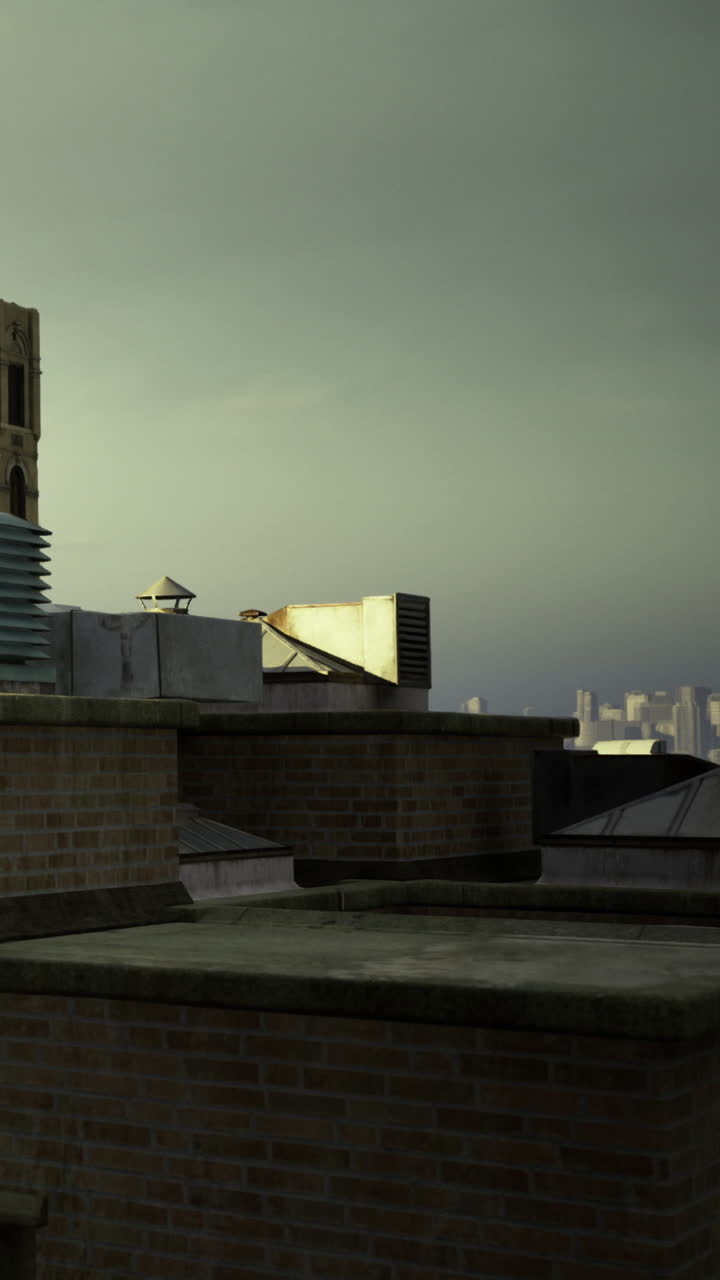 Urban skyline under moody skies at dusk in a vibrant city